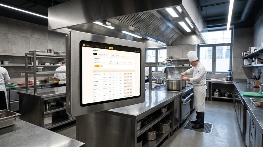 The kitchen display system showing incoming orders on a wall-mounted screen