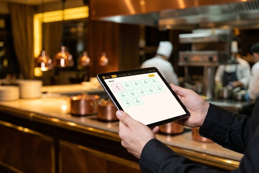Live table plan on a tablet showing which tables are open